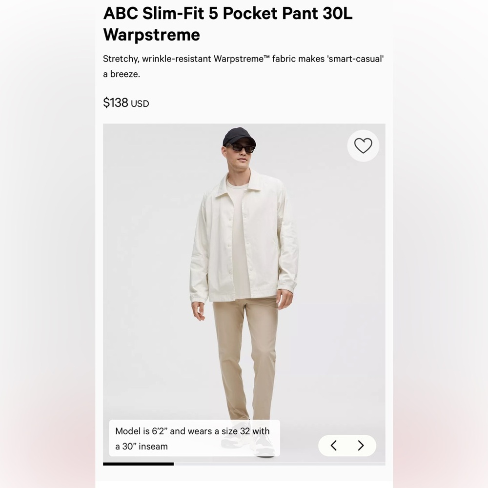 (Like new) men’s lululemon ABC Slim-Fit 5 Pocket Pant 30L Warpstreme